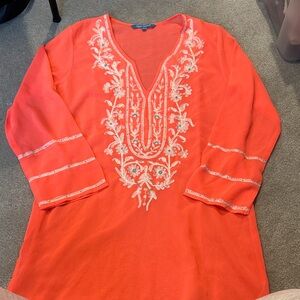 Blue Island Vibrant Coral Embroidered Coverup